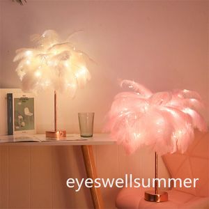 Feathers Table Lamp Vintage Elegant Bedside Desk Night Light Pink White Lampshade with Remote Controller for Bedroom Sitting Room Party Decor