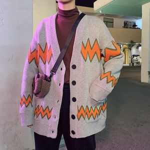 Sweaters masculinos homens cardigãs imprimem casais de moda simples de moda masculino Ulzzang Korean Knitting V-deco