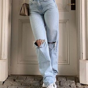 Womens Loose Fit Jeans Ripped Wide Leg For Women High Waist Blue Wash Casual Cotton Denim Trousers Summer Baggy Jean Pants 220624