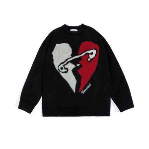 2021 Scuro Streetwear Cuore Spezzato Uomini di Grandi Dimensioni Hip Hop Maglione Lavorato A Maglia Vintage Maglieria Casual Donne Pullover Suéter Masculino T220730