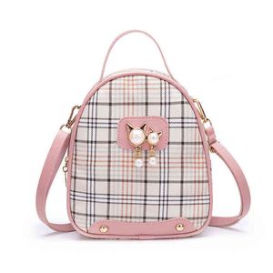 Fashion Check Gedruckt Rucksack Pu Leder Neue Koreanische Version Von Damen Plaid Kleinen Rucksack Katze Perle Handy Tasche J220620