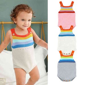Luxury Newborn Baby Designer Rainbow Stripes Knit Organic Jumpsuit Summer Spädbarn Girls and Boys Onesie Bodysuit Clothes Outfit G220510