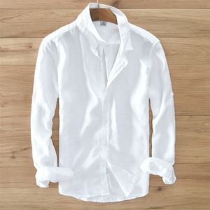 Мужская 100% чистое льняная рубашка с длинными рукавами мужская бренд одежда мужская рубашка S-3XL 5 цветов сплошных белых рубашек мужчины Camisa рубашки мужские T200319