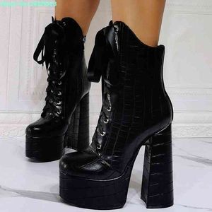 Lace Up High Platfrom Ankle Boots Round Toe Thick High Heels Cross Tied Zipper Solid Women Party Dress Fashion Boots Shoes 220514