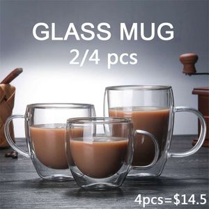 2st Double Bottom Wall Glass Coffee Cup Whisky Tea Thermal Heat Resistant Cocktail Vodka S Wine Mugg Drinkware Tumbler Set 220714