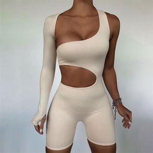 Yaz Sonbahar Kadın Seksi Fitness Tulum Bir Omuz Sıska Bodycon Solid Sport Romper Playsuit 220506