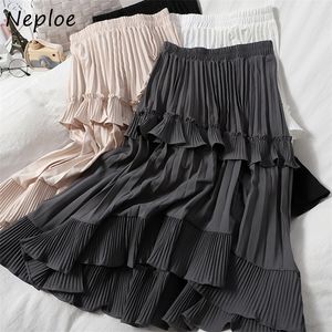 Neploe Sonbahar Pileli Etek Yüksek Bel Düzensiz Etek Fluncing Kadınlar Uzun Etekler Moda Faldas Jupe Femme 1F658 220317