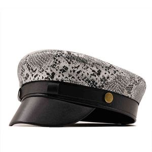 New Pu Leather Girl Military Caps Spring Autumn Sailor Hats For Women Leopard Flat Top Captain Cap Travel Cadet Hat 5658Cm J220722