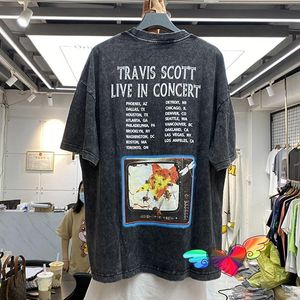 T shirts voor heren Travis Scot Shirt Men Women Live In Concert Tee Hoge kwaliteit Vintage Tops Washed Make Old Hip Hop Scoshort Sleeve
