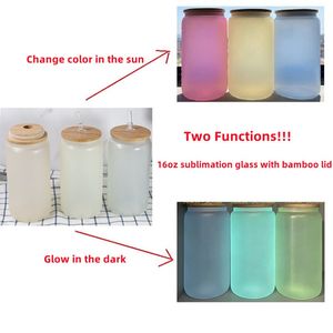 Two Functions 16oz Sublimation Glass Can Glow in the dark Glass UV Color Changing Glass Tumbler Drinking Glasses With Bamboo Lid