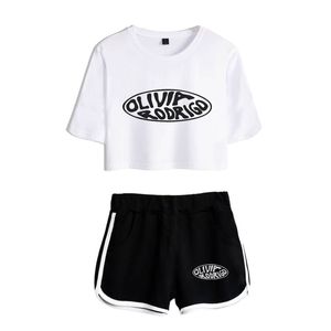 Модные спортивные костюмы Kawaii Olivia Rodrigo с принтом росы и пупка для девочек, модный молодежный комплект из двух предметов, женские сексуальные шорты + милая футболка