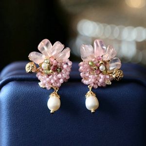 Lady Fresh Water Pearl Pink Crystal Flower Korean Sweety Dangle Earrings For Women