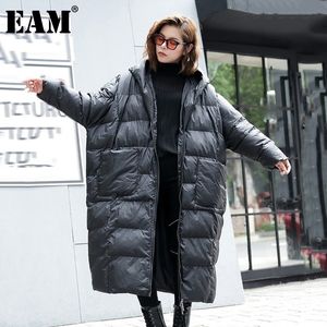 EAM Women's Hoodie Oversized Zip-Up Long Cotton-Padded Jacket Loose Fit Parka Winter Fashion Solid Color Coats