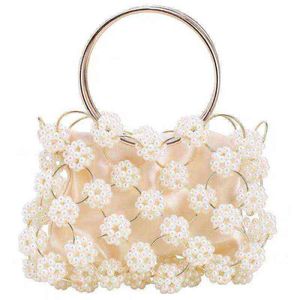 Kvällspåsar Luxury Woven Beading Pearls Women Handbag Designer Hollow Beads Party for Shoulder Elegant Tote Purse 220507