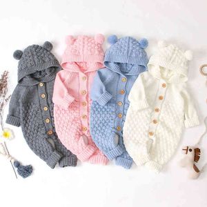 Neugeborenen Baby Mädchen Jungen Body Winter Neue Warme Mantel Stricken Outwear Mit Kapuze Overall Solide Nette Weiche Bequeme Hübsches Set G220521