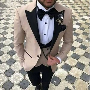 Brand New Khaki Groom Tuxedos Black Peak Lapel Groomsmen Mens Wedding Dress Style Man Jacket Blazer 3 Piece Suit Jacket Pants Vest Tie 883