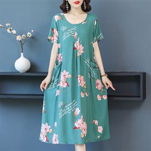 Bohemian Summer Woman Dress med stora fickor Vintage Kort ärm blommig tryck Sundress Kvinna Löst casual Harajuku -klänningar 220513