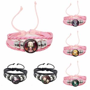 Demon Slayer Bracelet - Handmade Leather Charm Bangle with Tanjirou & Nezuko Charms