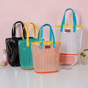 DHL50pcs Sachen Säcke Frauen PVC Streifen Drucke Große Kapazität Vertikale Abschnitt Strand Handtasche Mix Farbe