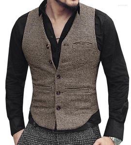 Men's Vests Mens Suit Vest V Neck Wool Brown Single-breasted Houndstooth Waistcoat Casual Formal Business Groomman For Wedding Guin22