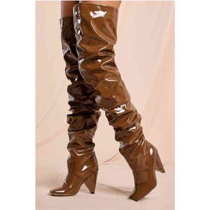 Boot artı boyutu bacak tipi pileli tasarım Avrupa Amerika Pop Sonbahar Kış Seksi Yüksek Topuk Batı Moda Diz Botları Kadın 221223