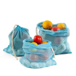 Borse contenitore 1Pc Puro cotone Frutta Colore blu Borsa a rete tinta Eco-Friendly Uso Supermercato Shopping con coulisse PocketStorage