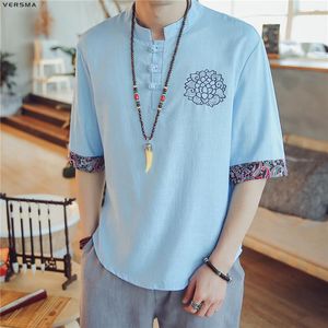 Men's T-Shirts Summer Men Linen Fabric T Shirt Tops Tees Retro Vintage Mandarin Collar T-shirt Traditional Chinese Clothing 5XLMen's