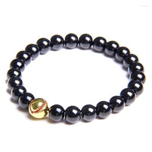 Perlenstränge Basketball-Armbänder für Männer, natürliches 8 mm poliertes schwarzes Agat-Perlen-Armband, Goldlegierungs-Kugel-Charme-Armreif für Sport-Frauen, Juwel