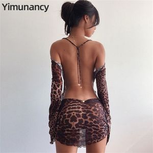Yimunancy leopar baskı sırtsız elbise kadınlar uzun kollu örgü bahar yular şeffaf seksi kulüp vestidos 220613
