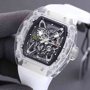 Professional watch Date Mens Richa Milles Transparent Crystal Glass Watch Full Automatic Mechanical Hollow Out Fashion Luminous Personalized Wine Barrel Tape