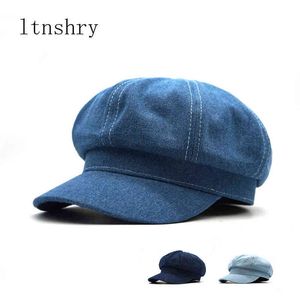 Nya kvinnor Leisure Octagonal Hat Ladies Denim Beret Hat Cowboy Cap Newsboy Gatsby Cap Octagonal Baker Peak Beret Riding Hat J220722