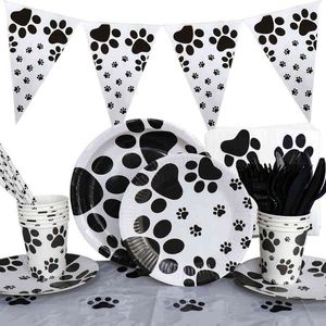 Puppy Paw Theme Pet Birthday Party Decorations Dog Paw Party Items Print Banner Paper Plates Cups Napkins Tableware Balloons J220521