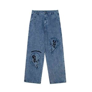 2021 Stylish Patch broderi retro tvättade män baggy jeans byxor hip hop rak bred bomull kpop denim byxor pantni uomo t220803