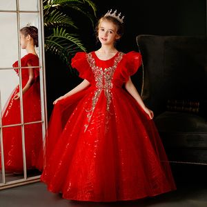 Gold Red Flower Girl Dresses Scoop Neck Appliqued Beaded Long sequined Girl Pageant Gowns Ruffle Tiered Sweep Train Birthday Gowns