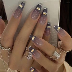 Falska naglar 24star mörk stil 3d strass inlagd falsk med lim temovable långt stycke mode manikyr helt täckt nagelekor prud22