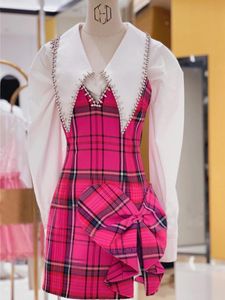 Casual Dresses Rose Pink Bright Diamond Love Plaid Suspender Dress Long Sleeve White Shirt Luxury Clothes Buy SeparatelyCasual