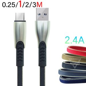 1M/3ft 2M/6ft 3M/10ft Fast laddningskabel 2.4A USB Telefondata Kablar Zinklegering Tygkonst för Micro USB Android Type C