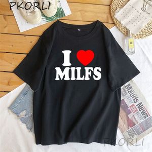 Eu amo milfs i coração mamães impressos camisetas femininas algodão de manga curta camiseta casual harajuku camiseta de moda 220506