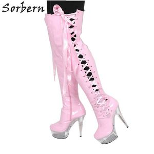 Sorbern Pink Patent Mid Lår Höga Stövlar För Kvinnor Transparent Högklackplattform Skor Ladies Ribbon Lace Up Side Custom Boot