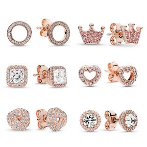 Popular alta qualidade 925 prata esterlina brincos de ouro rosa brincos femininos coroa amor brinco redondo jóias pandora acessórios de jóias femininas