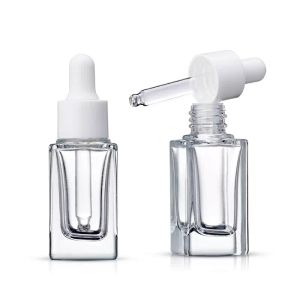 Frasco cuentagotas de vidrio cuadrado transparente Frasco de perfume de aceite esencial 10ml 15ml con tapa de plata de oro negro blanco