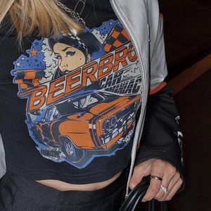 90年代ヴィンテージレーシングカープリントTシャツ夏のショートTシャツ女性ショートスリーブストリートウェアセクシーな女の子パンクレターハラジュククロップトップス