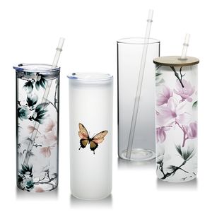 Sublimation Tumbler 20oz Clear Frosted Glass Juice Cups with Lid and Straw Straight Drinking Bottle For Wedding Party 0406