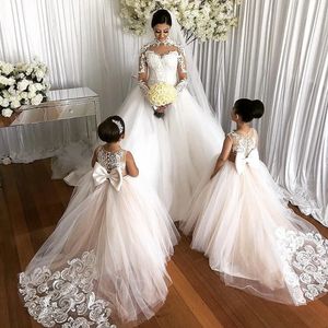 Designer Kids' Dresses Lace Tulle Flower Girl Dresses Big Bow Sash First Communion Gowns