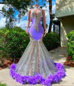 Luxury Purple Feathers Prom Dresses For Black Girls Sexy Halter Neck Mermiad Gowns For Birthday Party Wear Formal Evening Dresses