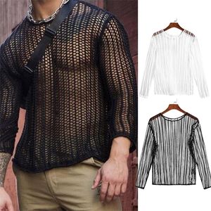 Mens Long Sleeve Tshirty Sexy Sheer siathet Fishnet Club odzież TEE TEE GYM Trening Hollow Out Przez Tops 220527