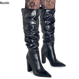 Rontic Nuove Donne di Arrivo di Inverno Stivali Al Ginocchio A Pieghe Del Cuoio Del Faux Tacchi a Blocco Scarpe A Punta Elegante Nero Del Partito Scarpe Formato DEGLI STATI UNITI 5-13