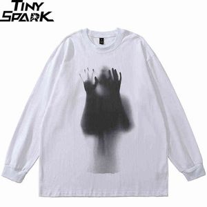 Hip Hop Streetwear Schatten Grafik T Hemd Harajuku 2022 Herbst Männer Geist Druck T-Shirt Baumwolle Langarm T-shirt Weiß Punk t220808