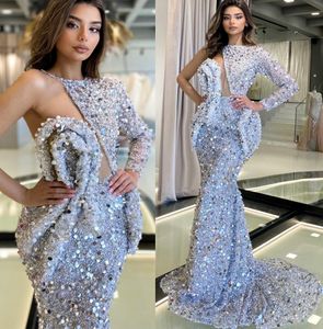 2022 Arabski Plus Arabic Aso Ebi Silver Mermaid Spargly Prom Dresses Cequined Lace Even Even Formal Party Drugi odbiór Przyjmowanie Suknia zaręczynowa Sukienka ZJ305
