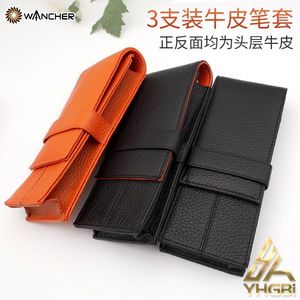 Wancher Genuine Leather Fountain Pen Case Cowhide 3 Pens Holder Pouch Sleeve Pencil Bag Office Accessories 220412